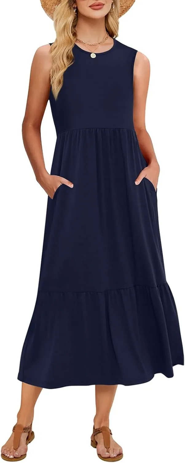 Gracyoga Women's Summer Maxi Dress 2025 Casual Sleeveless Crewneck Aline Flowy Tiered Long Beach Dresses with Pockets