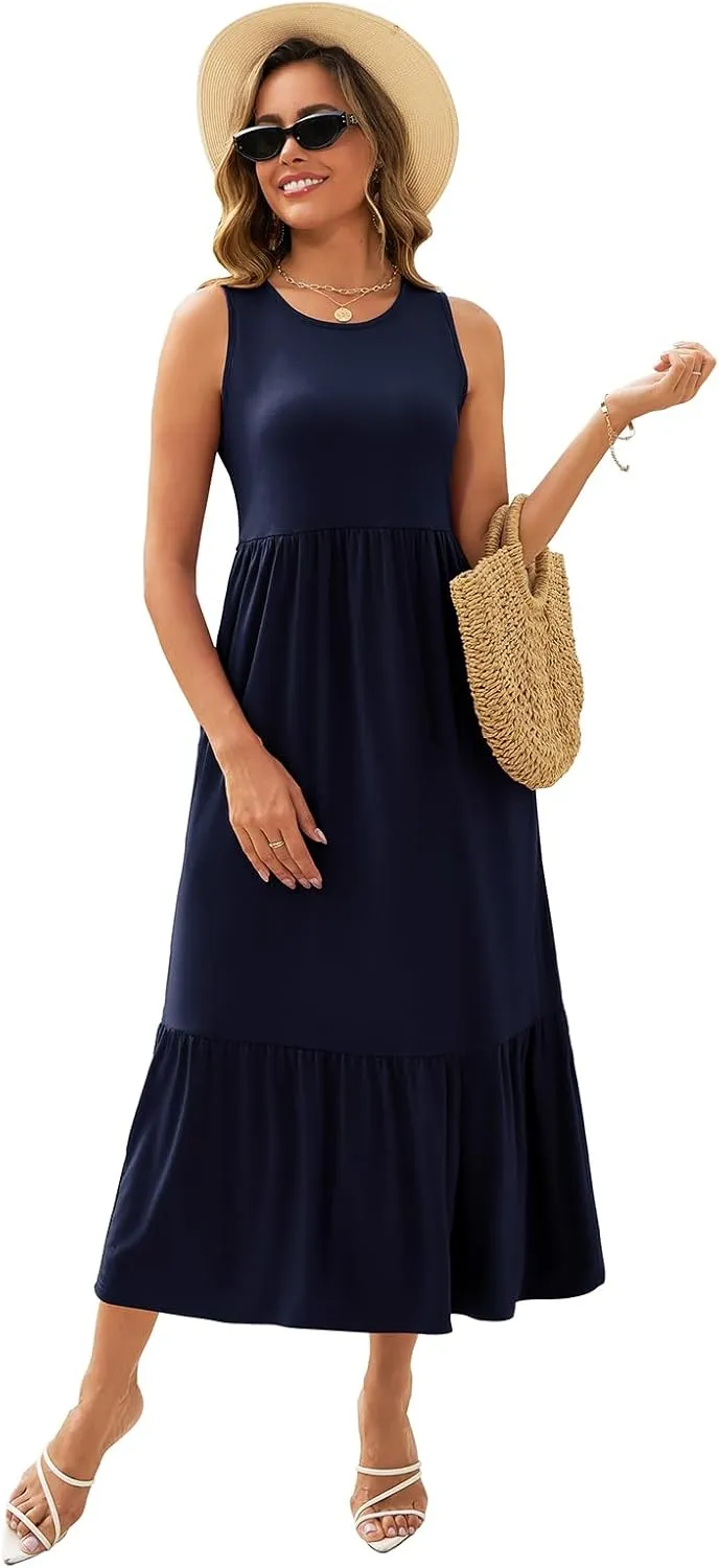 Gracyoga Women's Summer Maxi Dress 2025 Casual Sleeveless Crewneck Aline Flowy Tiered Long Beach Dresses with Pockets