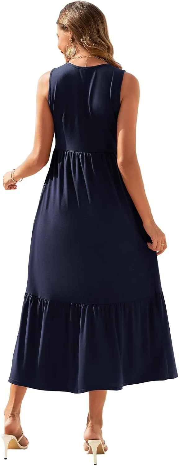 Gracyoga Women's Summer Maxi Dress 2025 Casual Sleeveless Crewneck Aline Flowy Tiered Long Beach Dresses with Pockets