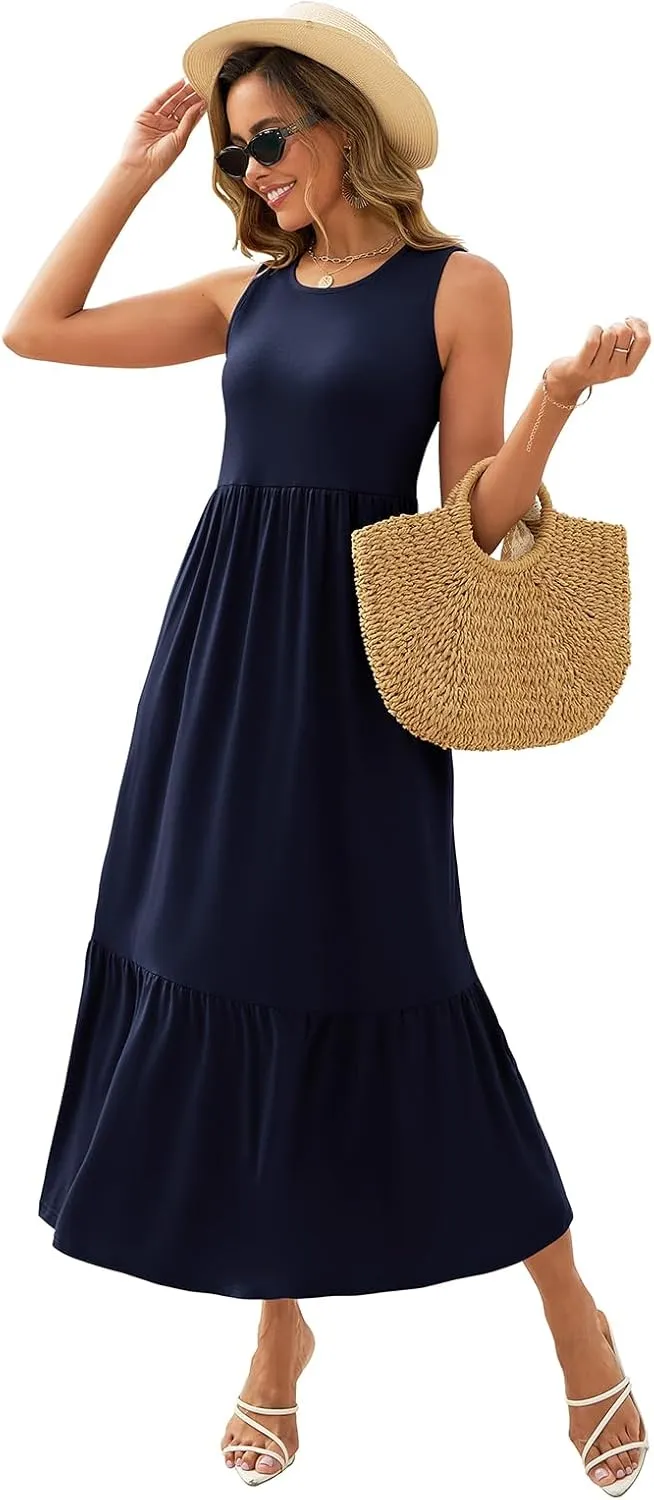 Gracyoga Women's Summer Maxi Dress 2025 Casual Sleeveless Crewneck Aline Flowy Tiered Long Beach Dresses with Pockets