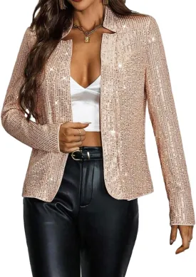Haoohu Womens Sequin Short Jackets Long Sleeve Open Front Coat Glitter Blazer Casual Coat Party Clubwear