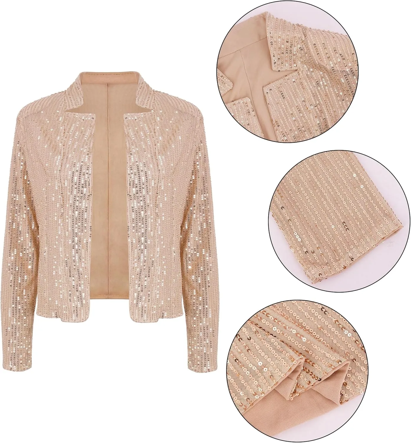 Haoohu Womens Sequin Short Jackets Long Sleeve Open Front Coat Glitter Blazer Casual Coat Party Clubwear