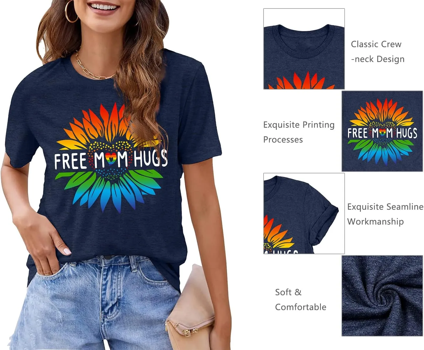 hohololo Pride Shirts Women Rainbows Graphic Tees Shirts Free Mom Hugs T-Shirt LGBTQ Short Sleeve Tops