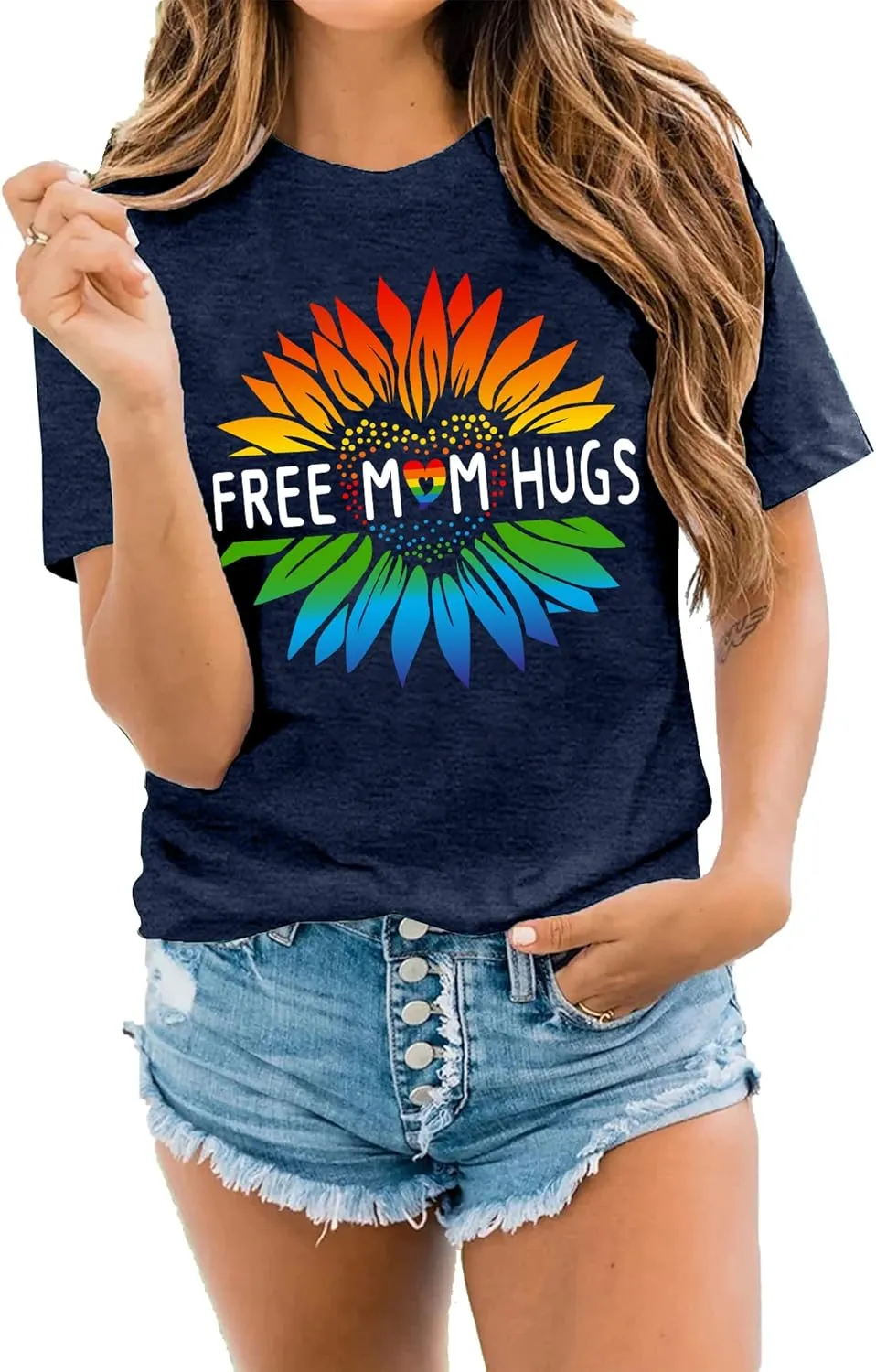 hohololo Pride Shirts Women Rainbows Graphic Tees Shirts Free Mom Hugs T-Shirt LGBTQ Short Sleeve Tops