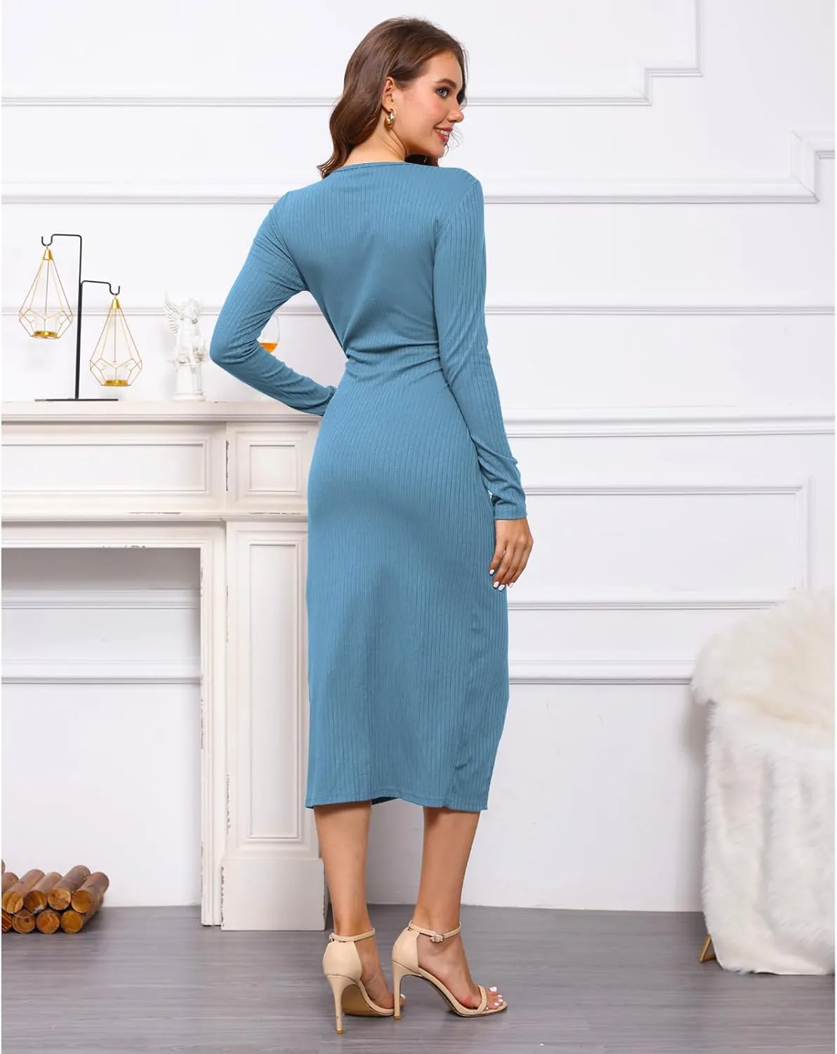 Hount Women's 2024 Fall V Neck Long Sleeve Sweater Dress Casual Ribbed Knit Bodycon Midi Cocktail Dress with Slit