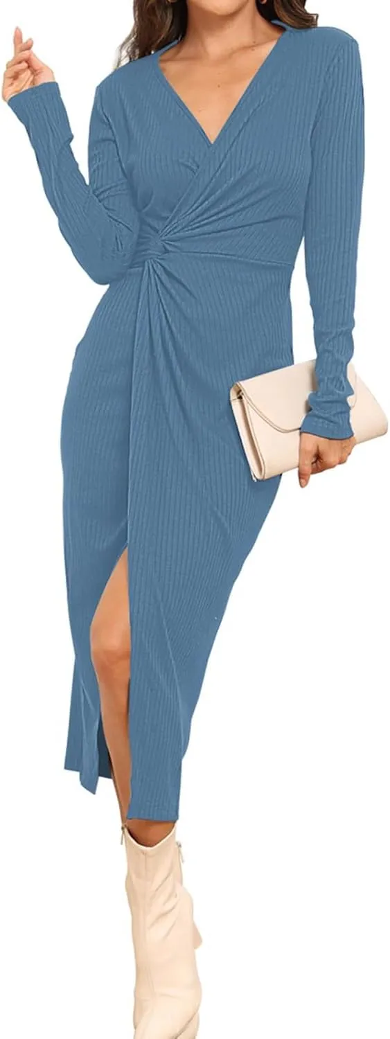 Hount Women's 2024 Fall V Neck Long Sleeve Sweater Dress Casual Ribbed Knit Bodycon Midi Cocktail Dress with Slit