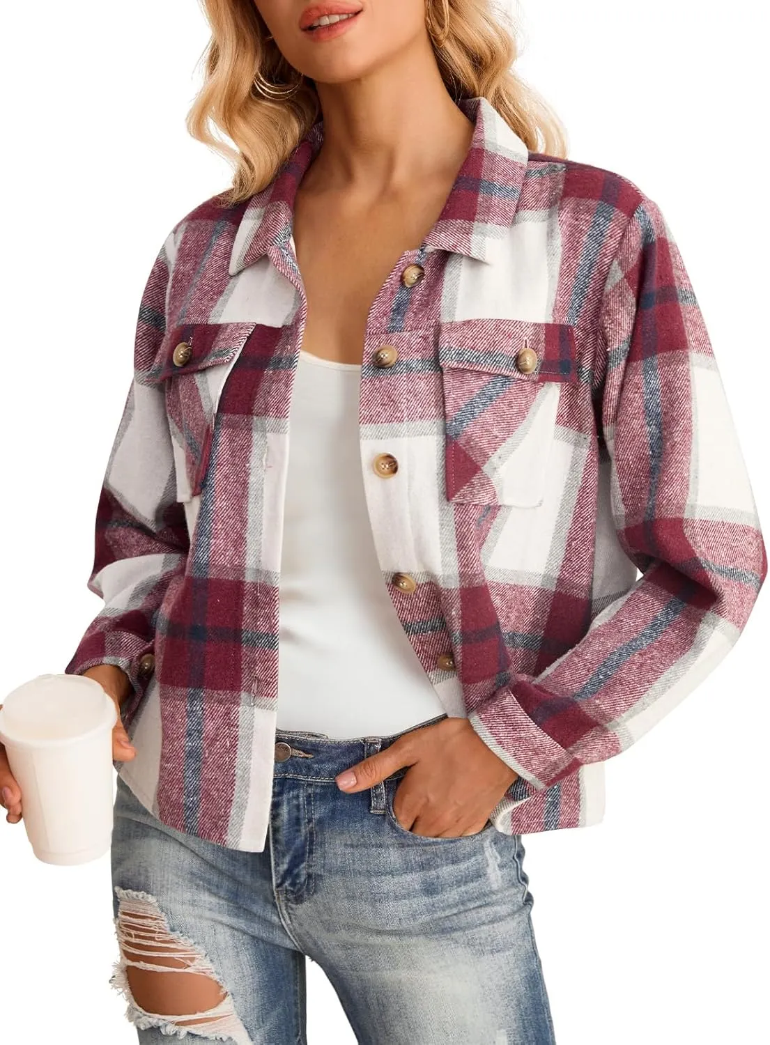 HWOKEFEIYU Women's Cropped Plaid Shacket Jacket Flannel Plaid Shirts Fashion Button Down Shirt 2024 Fall Coat With Pockets