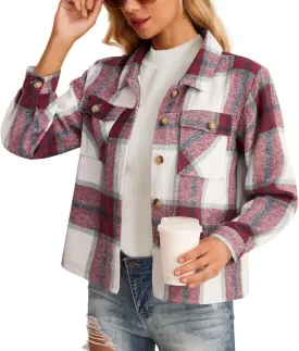 HWOKEFEIYU Women's Cropped Plaid Shacket Jacket Flannel Plaid Shirts Fashion Button Down Shirt 2024 Fall Coat With Pockets