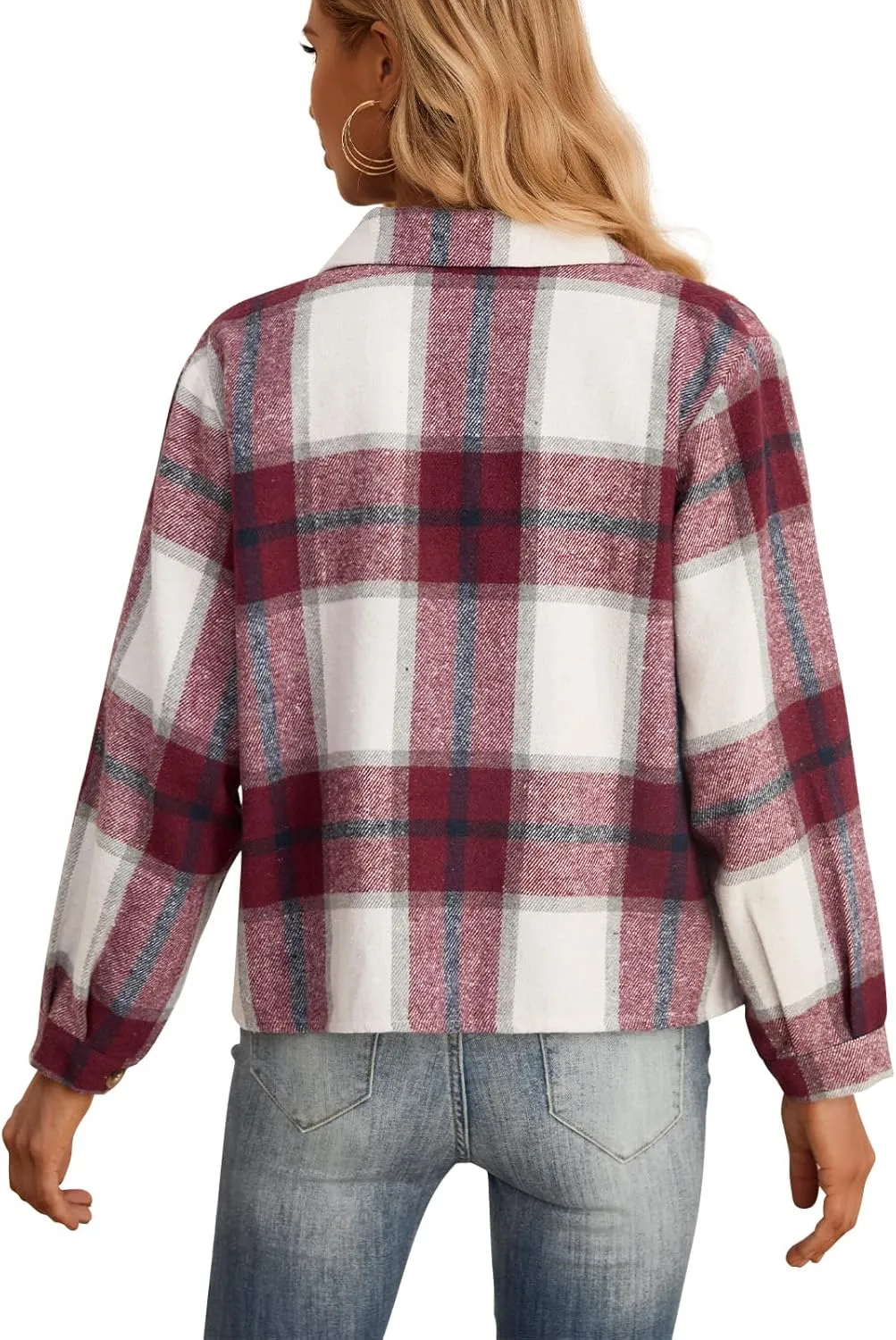 HWOKEFEIYU Women's Cropped Plaid Shacket Jacket Flannel Plaid Shirts Fashion Button Down Shirt 2024 Fall Coat With Pockets