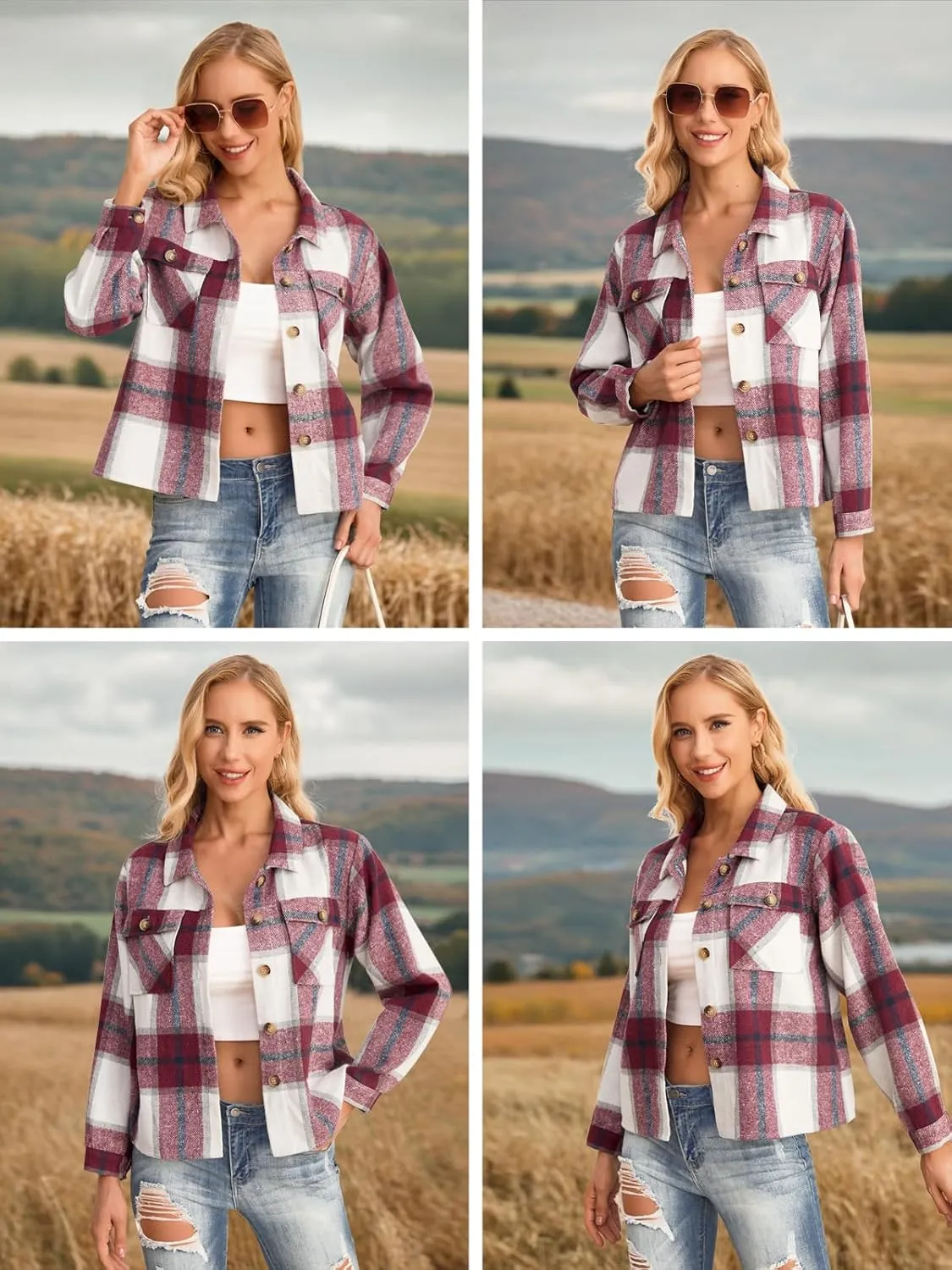 HWOKEFEIYU Women's Cropped Plaid Shacket Jacket Flannel Plaid Shirts Fashion Button Down Shirt 2024 Fall Coat With Pockets