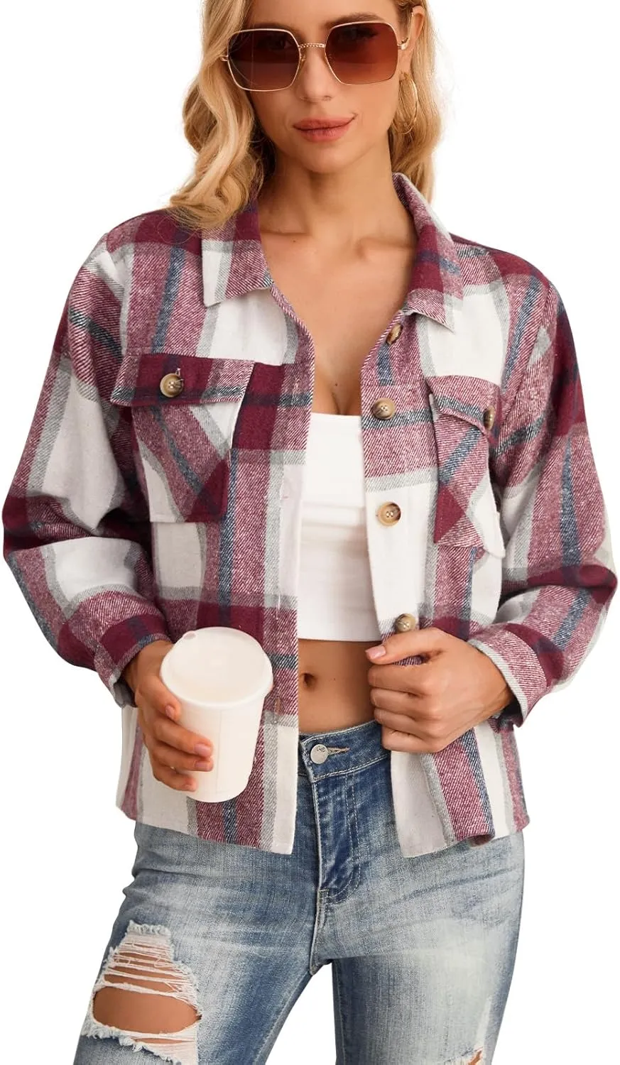 HWOKEFEIYU Women's Cropped Plaid Shacket Jacket Flannel Plaid Shirts Fashion Button Down Shirt 2024 Fall Coat With Pockets