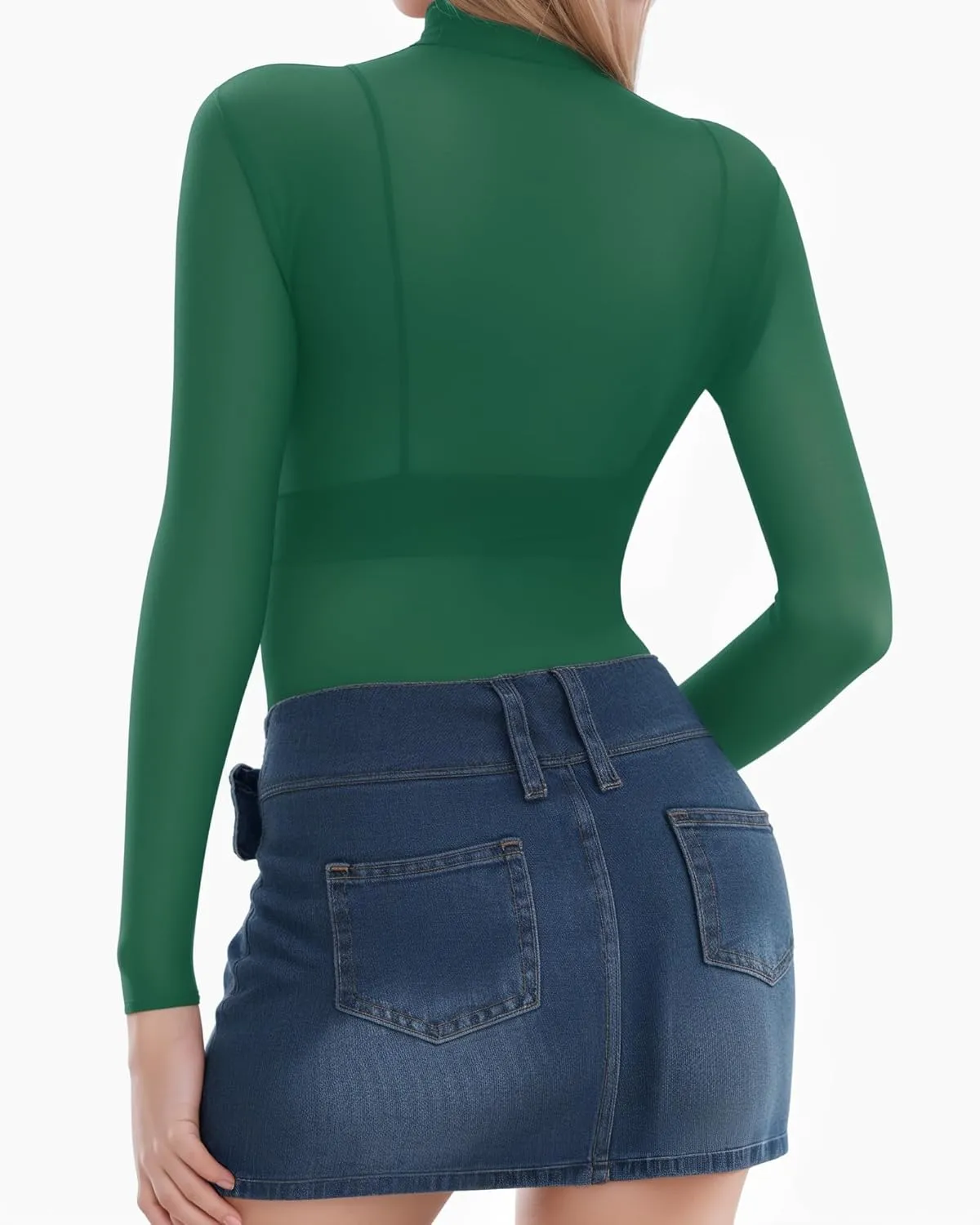 MANGOPOP Women's Mesh Top Long Sleeve See Through Mock Neck Blouse Sheer Sexy T Shirts Clubwear Bodycon