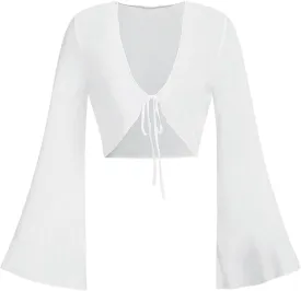 Milumia Women's Tie Front Bell Long Sleeve Tee V Neck Slit Mesh Crop Top