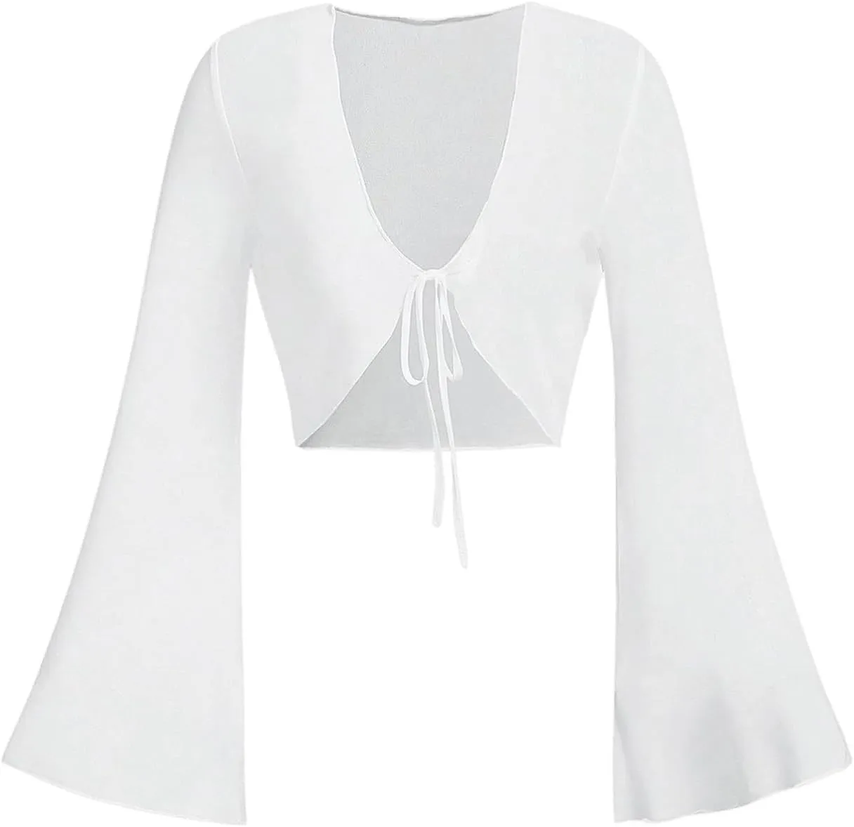 Milumia Women's Tie Front Bell Long Sleeve Tee V Neck Slit Mesh Crop Top
