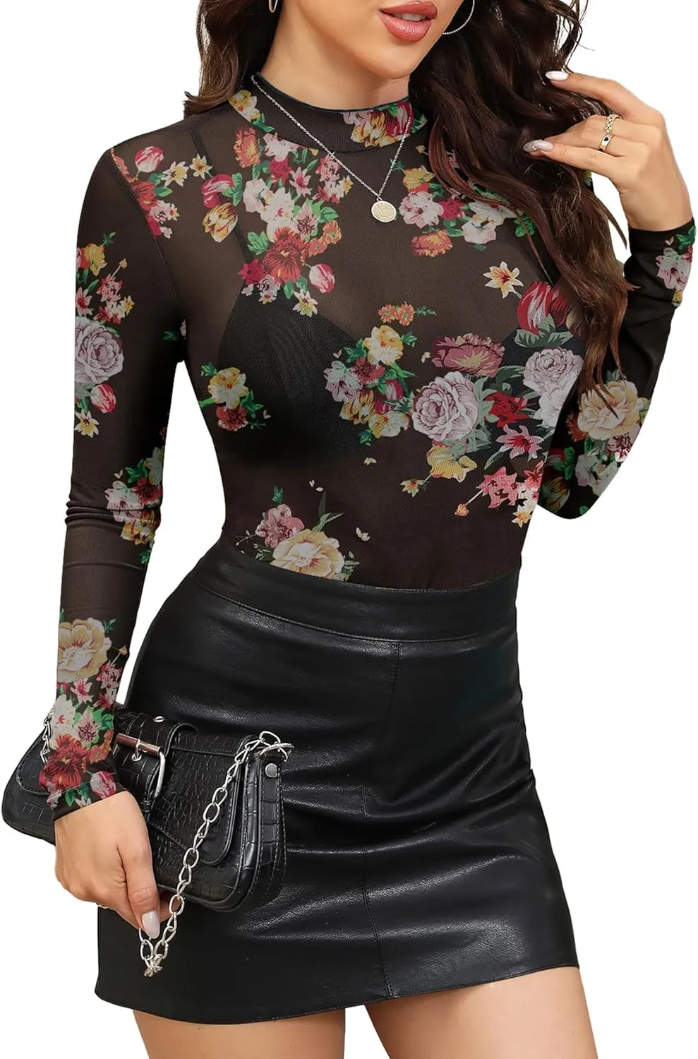OFEEFAN Mesh Long Sleeve Tops for Women Trendy Fashion Western Shirts See Through Going Out Tops for Women S-3XL