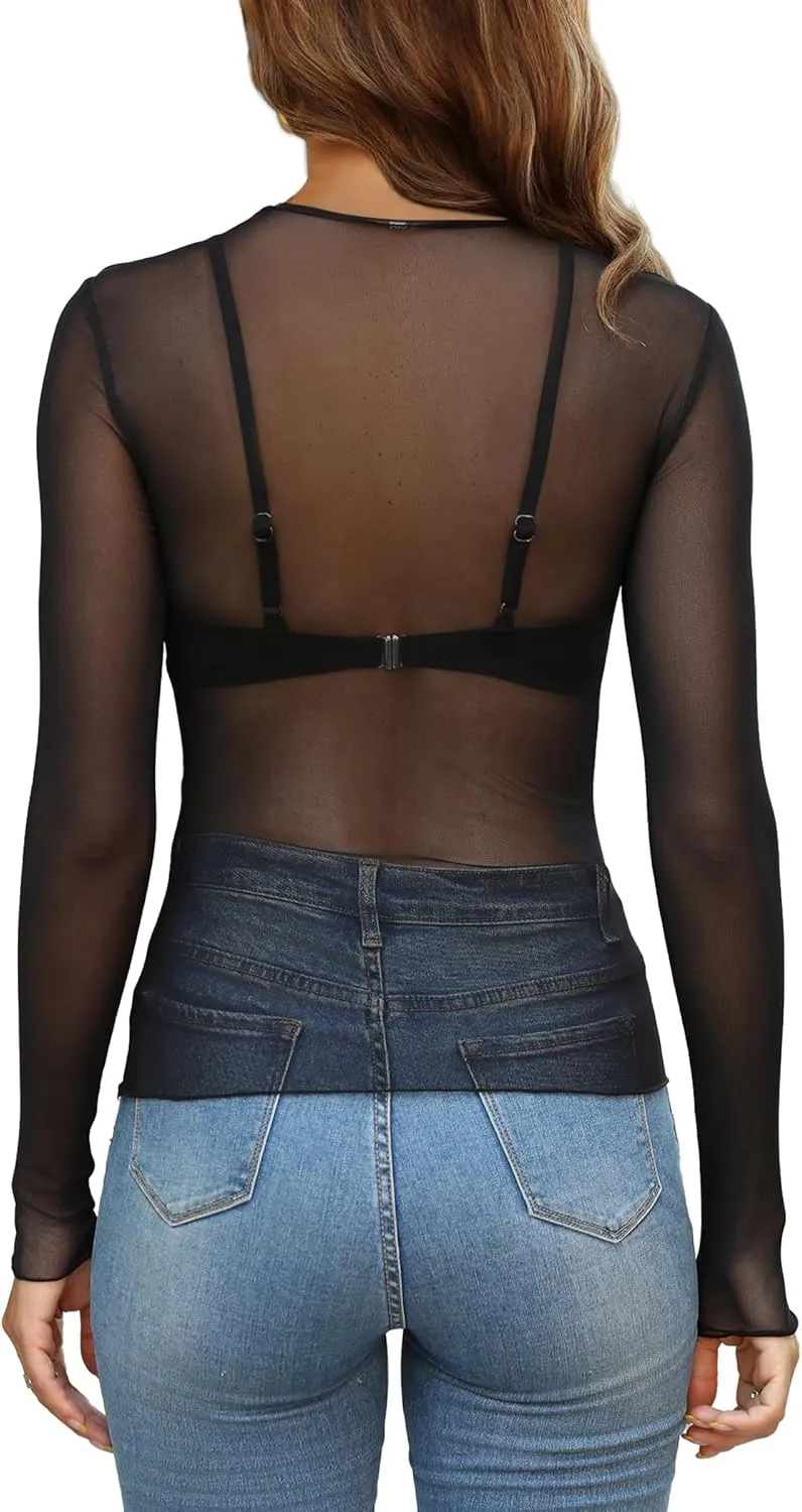 OFEEFAN Womens Mesh Tops Lace Long Sleeve Shirts Crewneck Slim Fitted Outfits See Through Blouses
