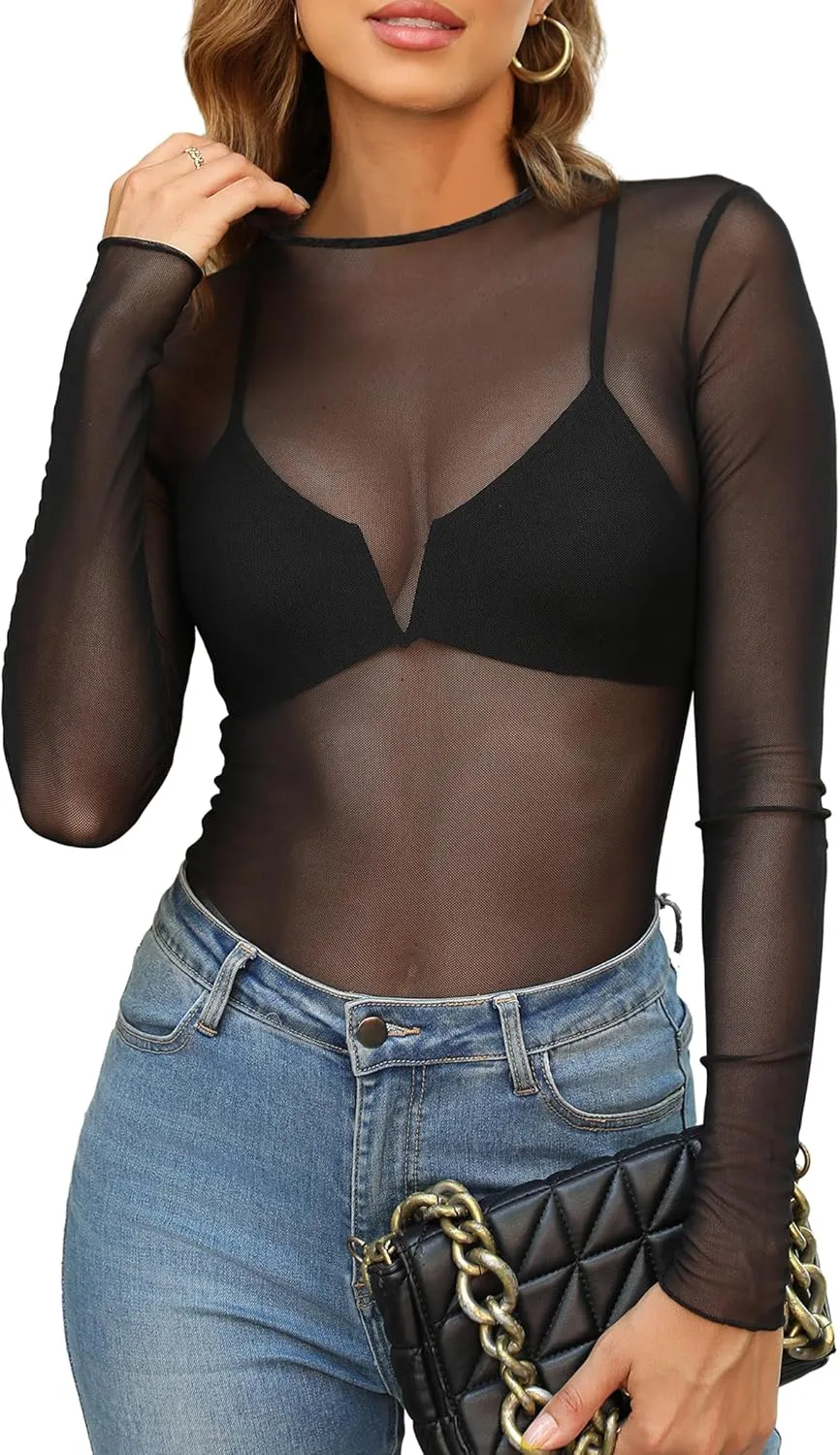 OFEEFAN Womens Mesh Tops Lace Long Sleeve Shirts Crewneck Slim Fitted Outfits See Through Blouses