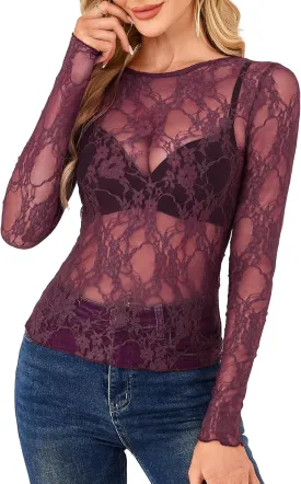 OFEEFAN Womens Mesh Tops Lace Long Sleeve Shirts Crewneck Slim Fitted Outfits See Through Blouses