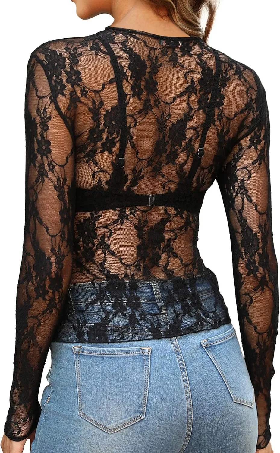 OFEEFAN Womens Mesh Tops Lace Long Sleeve Shirts Crewneck Slim Fitted Outfits See Through Blouses