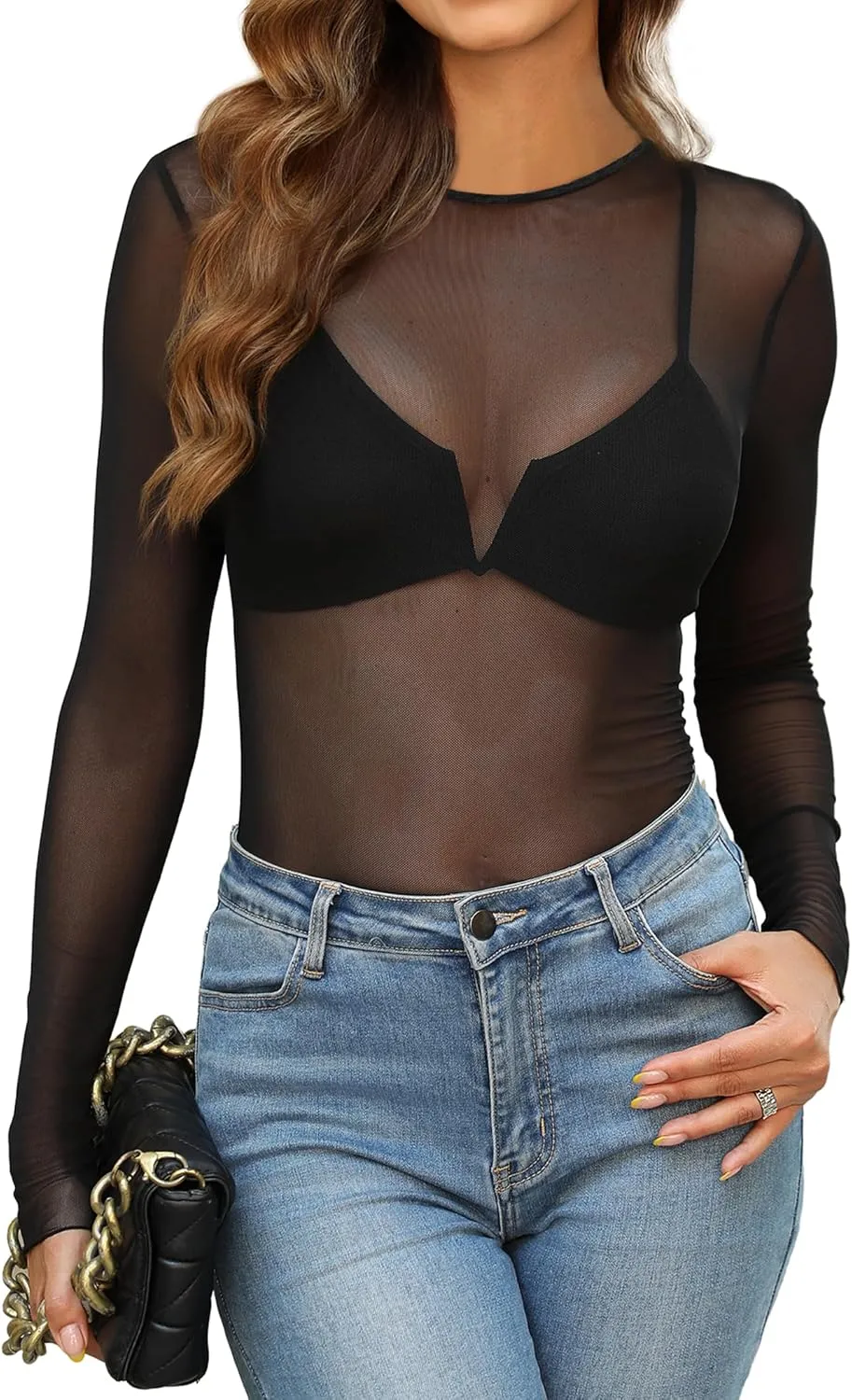 OFEEFAN Womens Mesh Tops Lace Long Sleeve Shirts Crewneck Slim Fitted Outfits See Through Blouses