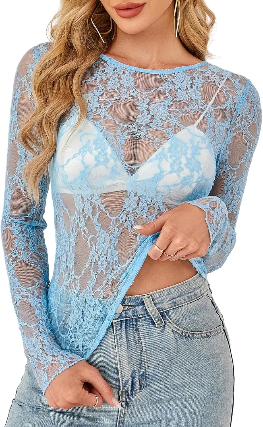 OFEEFAN Womens Mesh Tops Lace Long Sleeve Shirts Crewneck Slim Fitted Outfits See Through Blouses