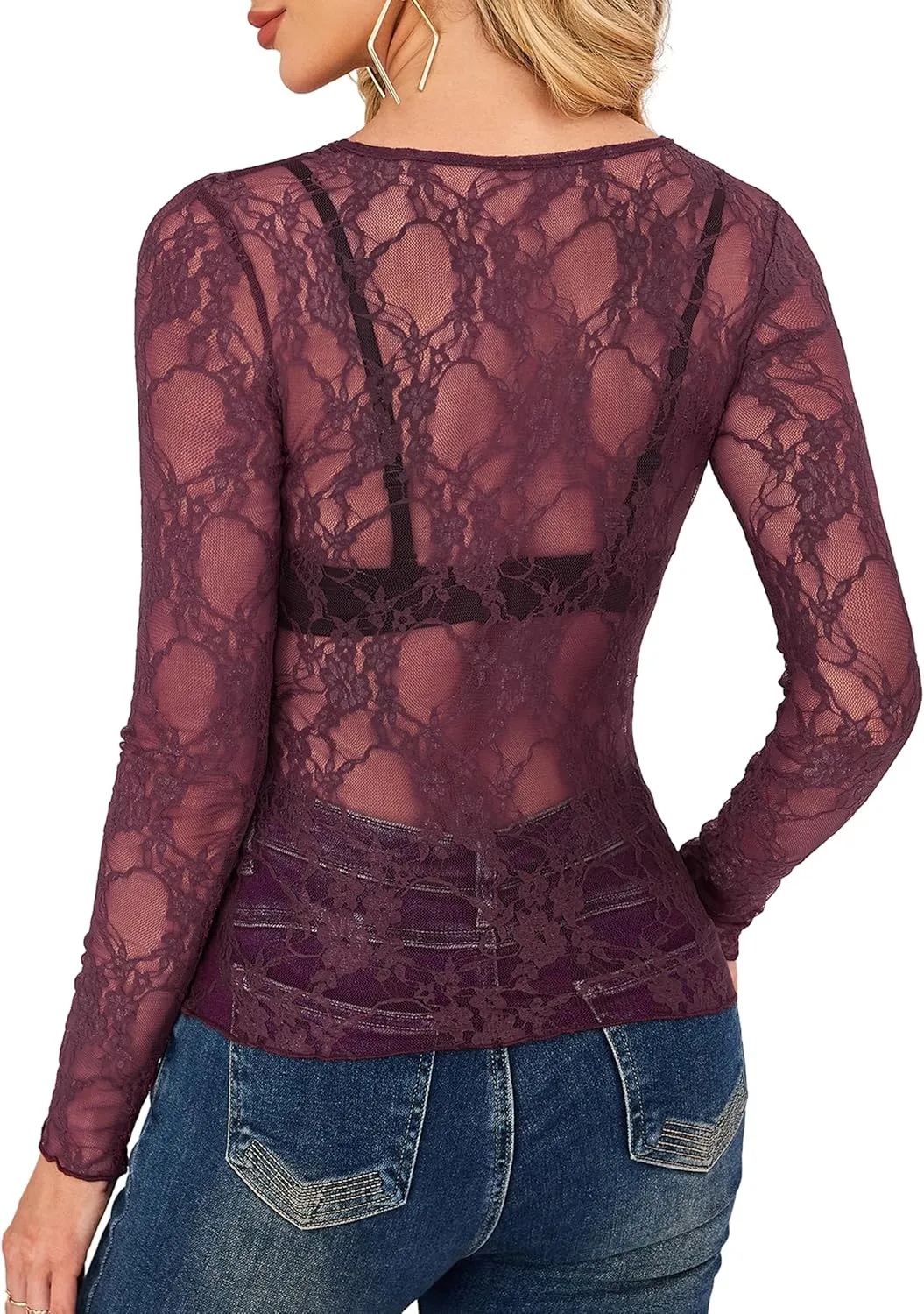 OFEEFAN Womens Mesh Tops Lace Long Sleeve Shirts Crewneck Slim Fitted Outfits See Through Blouses