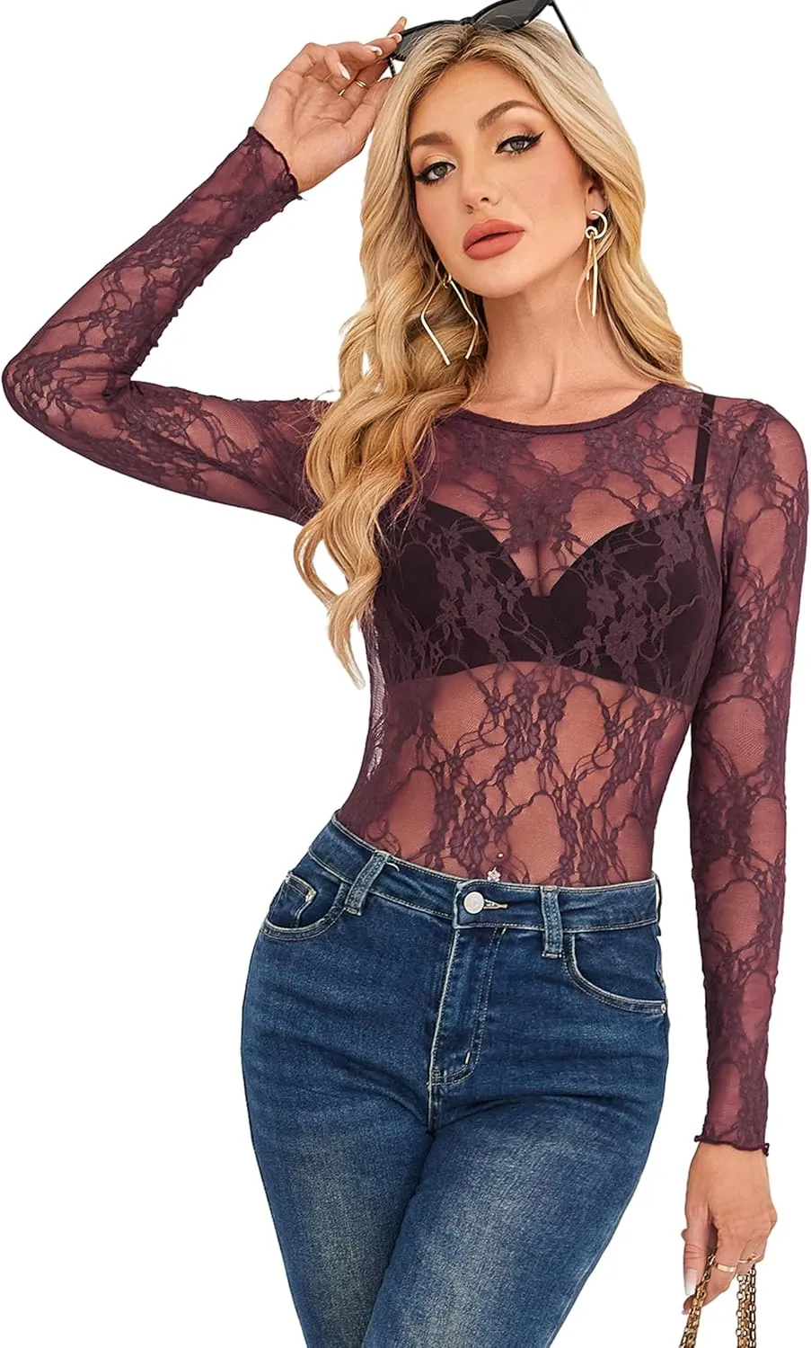 OFEEFAN Womens Mesh Tops Lace Long Sleeve Shirts Crewneck Slim Fitted Outfits See Through Blouses