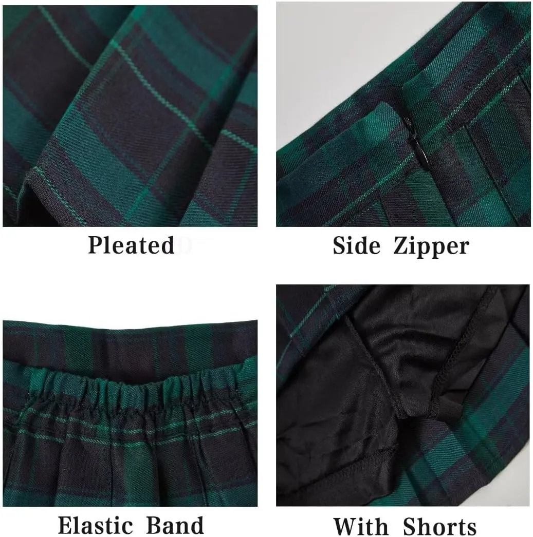 Pleated Mini Skirt High Waisted Tennis Skirts Skorts for Women Girls School Uniform Dress Cheer Skirt with Shorts,2T-4XL
