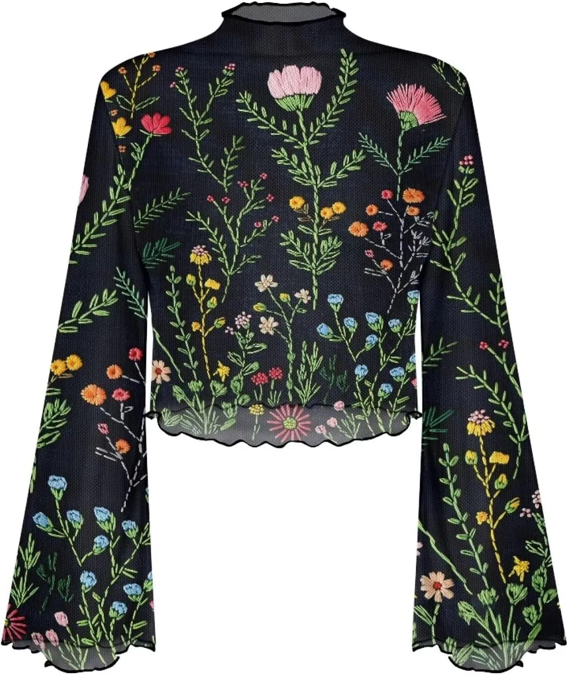 POLERO Women's Floral Bell Long Sleeve Crop Tops 70s Sheer Mesh Mock Neck Blouse Lettuce Trim Shirt