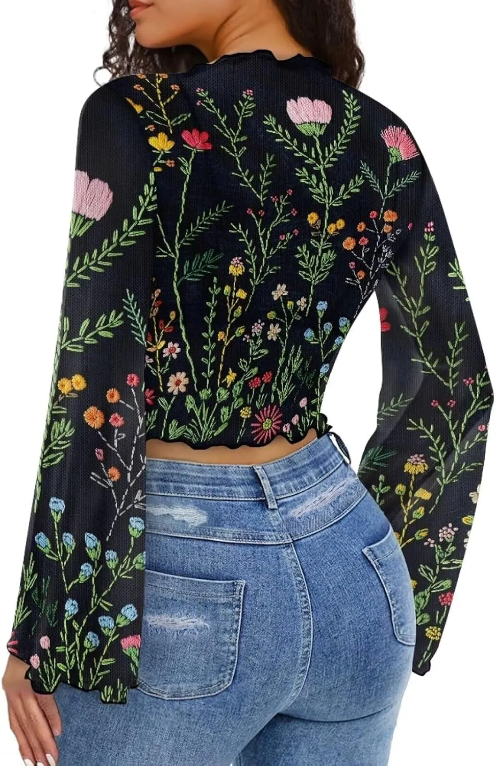 POLERO Women's Floral Bell Long Sleeve Crop Tops 70s Sheer Mesh Mock Neck Blouse Lettuce Trim Shirt