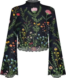 POLERO Women's Floral Bell Long Sleeve Crop Tops 70s Sheer Mesh Mock Neck Blouse Lettuce Trim Shirt