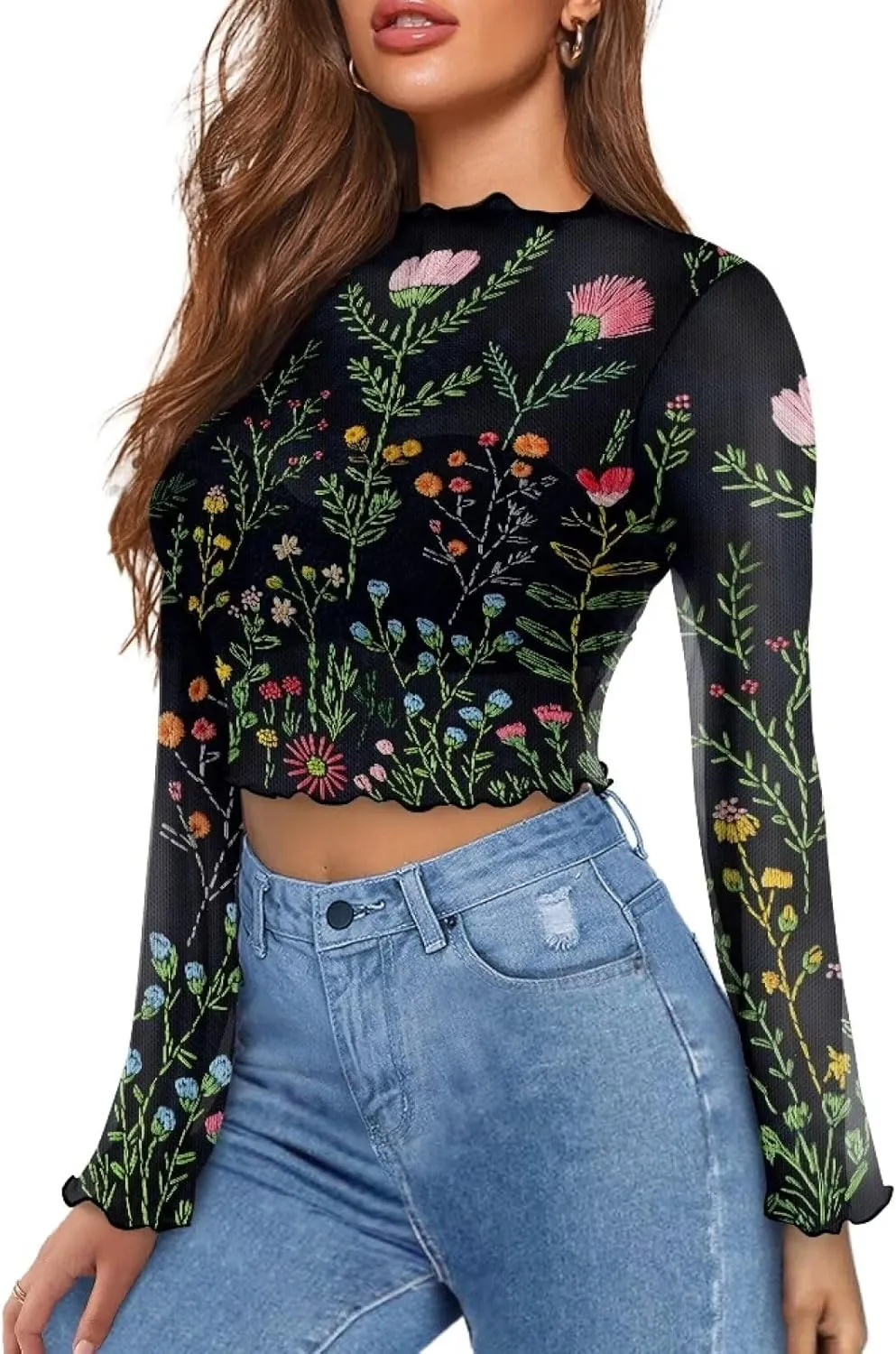 POLERO Women's Floral Bell Long Sleeve Crop Tops 70s Sheer Mesh Mock Neck Blouse Lettuce Trim Shirt