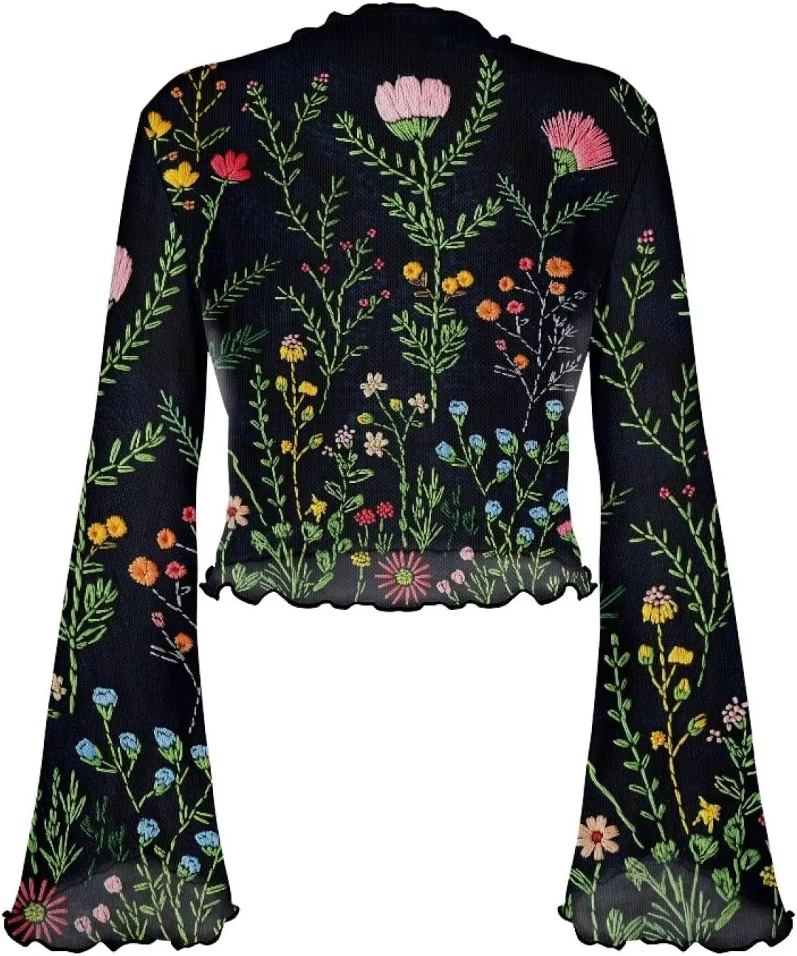 POLERO Women's Floral Bell Long Sleeve Crop Tops 70s Sheer Mesh Mock Neck Blouse Lettuce Trim Shirt