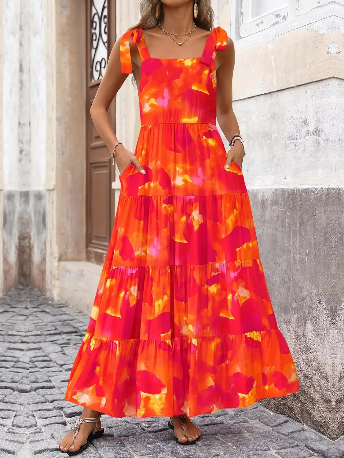 PRETTYGARDEN Womens Dresses 2025 Summer Floral Sleeveless Maxi Dress Casual Spaghetti Strap Tiered Flowy Beach Long Dress