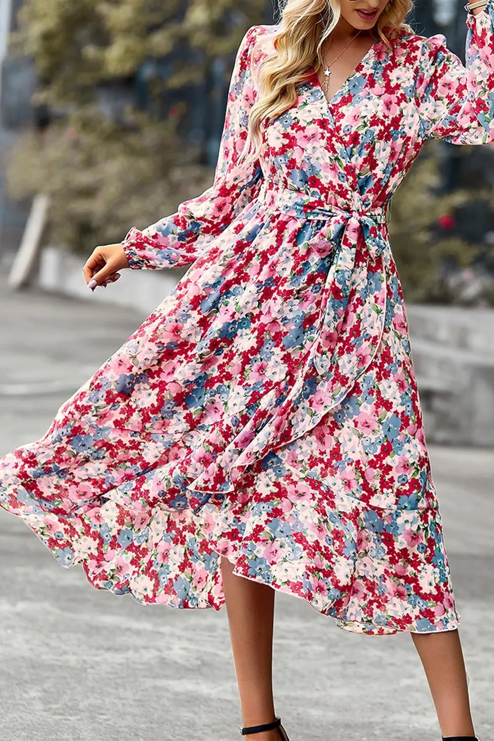 PRETTYGARDEN Women's Floral Print Boho Dress Long Sleeve Wrap V Neck Ruffle Belted A-Line Flowy Maxi Dresses