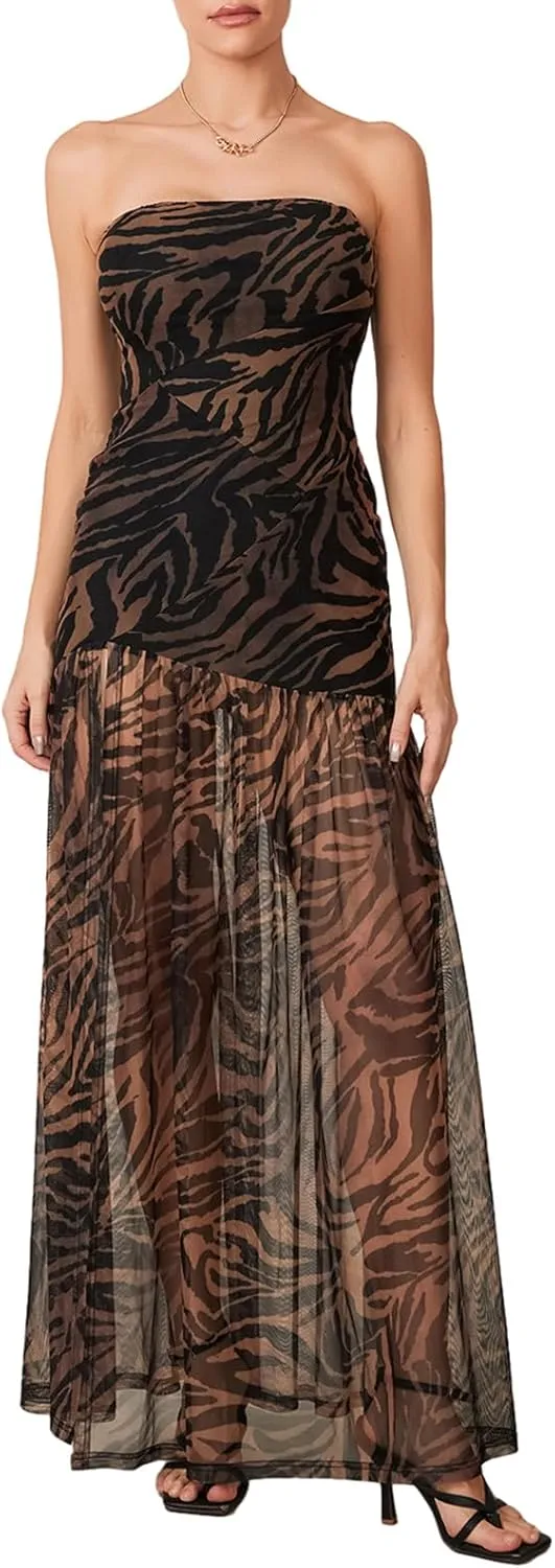 Strapless Dress for Women Y2K Sleeveless Backless Side Slit Tube Top Maxi Dress Beach Bandeau Sundress