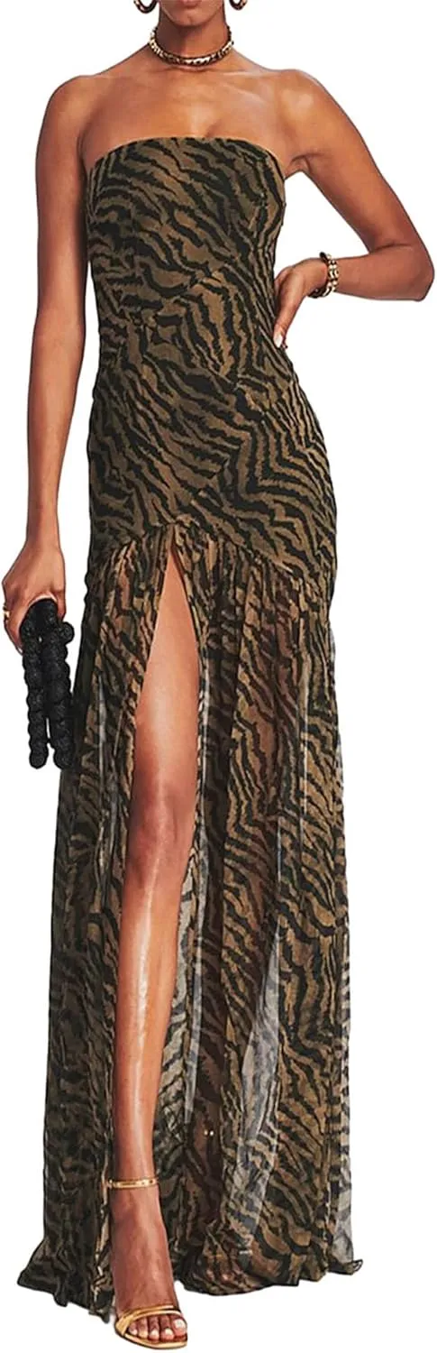 Strapless Dress for Women Y2K Sleeveless Backless Side Slit Tube Top Maxi Dress Beach Bandeau Sundress