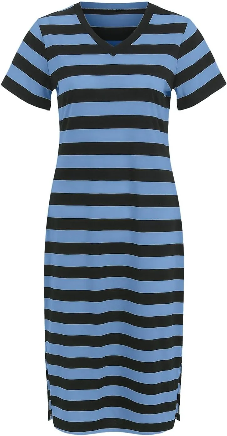 Summer Dress for Women Casual Fashion Short Sleeve V-Neck T Shirt Striped Long Color Block Side Slit Beach Maxi Dress