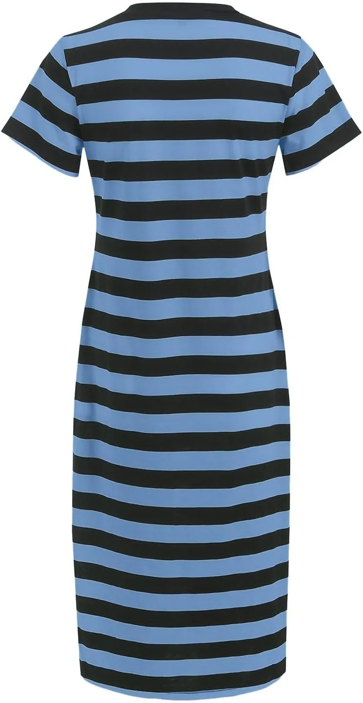Summer Dress for Women Casual Fashion Short Sleeve V-Neck T Shirt Striped Long Color Block Side Slit Beach Maxi Dress
