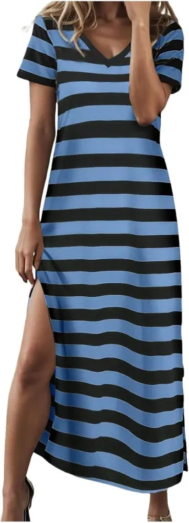 Summer Dress for Women Casual Fashion Short Sleeve V-Neck T Shirt Striped Long Color Block Side Slit Beach Maxi Dress