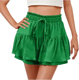 Summer Skirts for Women Casual High Waisted Drawstring Ruffle Layer Skort Shorts Fashion Flowy Beach Short Pants