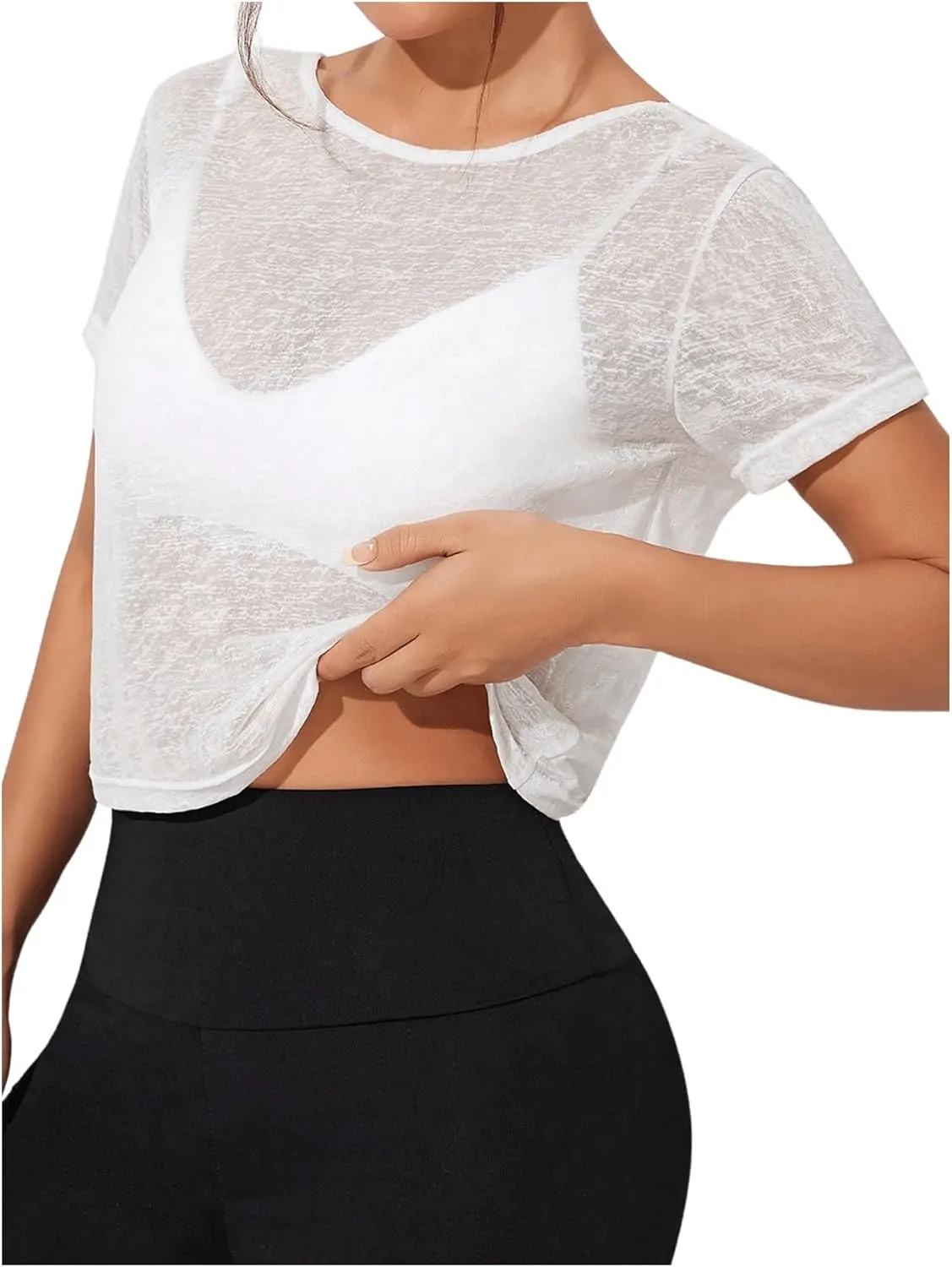 SweatyRocks Women's Twist Cutout Open Back Short Sleeve Sheer Mesh Workout T Shirts Smocked Crop Top