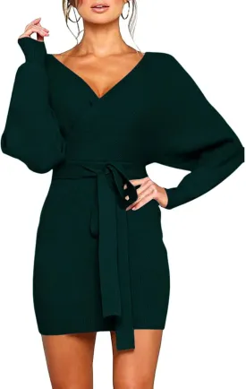 Viottiset Women's V Neck Long Batwing Sleeve Wrap Midi Knit Sweater Dress Elegant Backless with Belt Slit