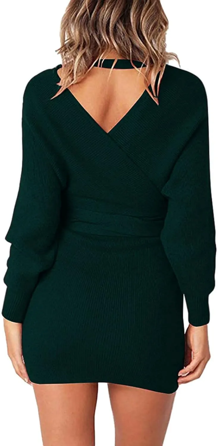 Viottiset Women's V Neck Long Batwing Sleeve Wrap Midi Knit Sweater Dress Elegant Backless with Belt Slit