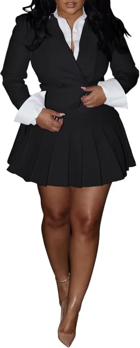 Women 2 Piece Outfits Business Casual Double Breasted Cropped Blazer Jacket and High Waist Pleated Mini Skirt Sets