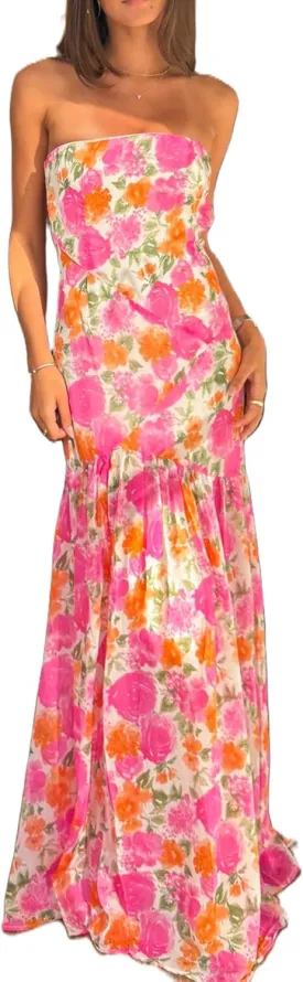 Women Bodycon Maxi Tube Dress Printed Strapless Sleeveless Long Going Out Summer Party Wedding Midi Dress