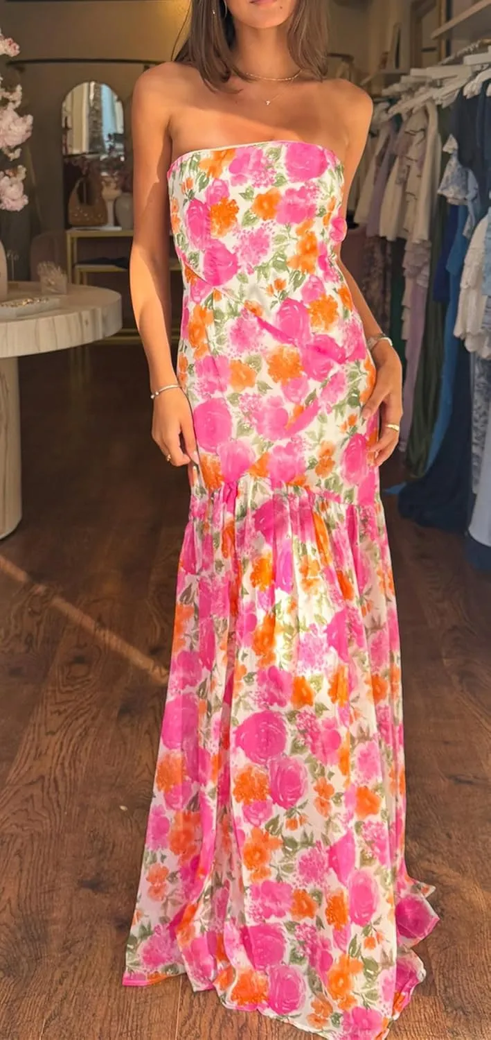 Women Bodycon Maxi Tube Dress Printed Strapless Sleeveless Long Going Out Summer Party Wedding Midi Dress
