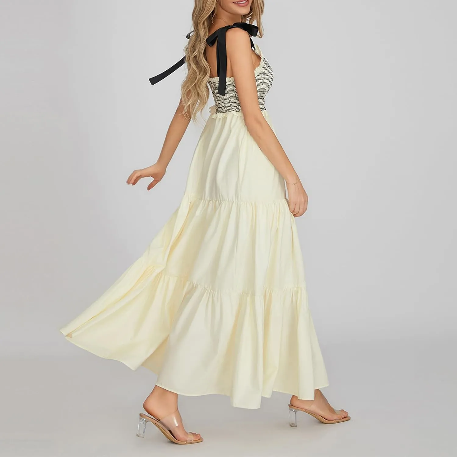 Women Tie Shoulder Maxi Dress Y2k Summer Floral Boho Long Dress Sleeveless Tiered Flowy Beach Sundress