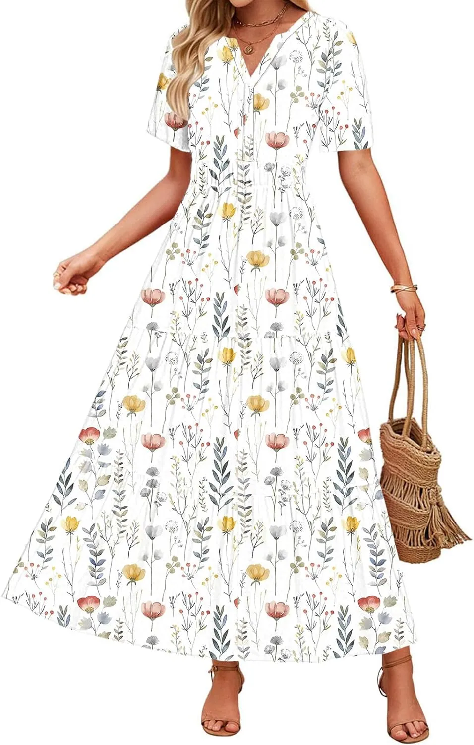 Women's 2025 Summer Maxi Dress Casual Floral Boho Short Sleeve V Neck Flowy Ruffle Long Beach Vacation Dresses