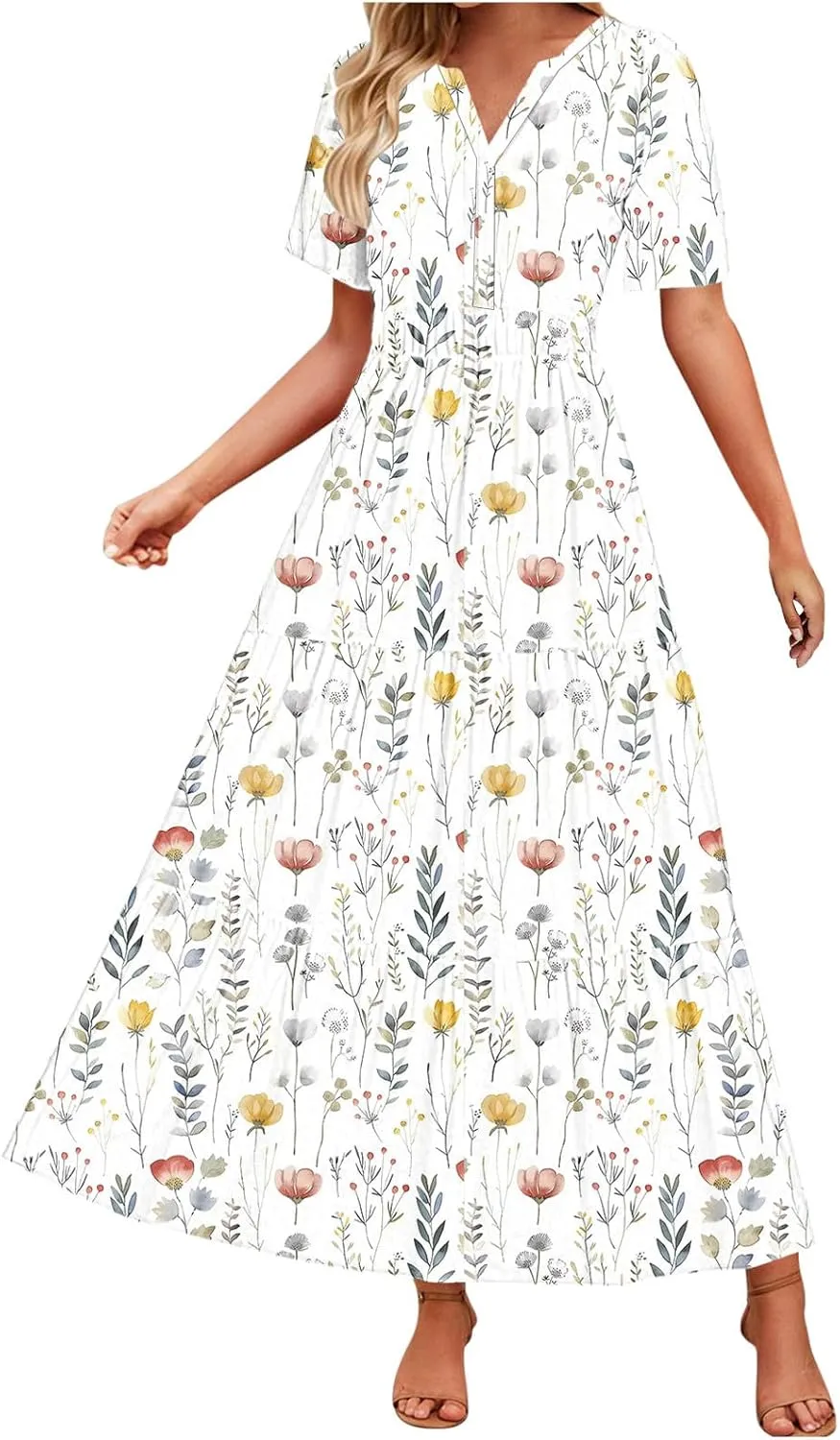 Women's 2025 Summer Maxi Dress Casual Floral Boho Short Sleeve V Neck Flowy Ruffle Long Beach Vacation Dresses